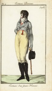 Genç bir adamın kıyafeti veya Incroyable, Mayıs 1801 (el boyaması bakır levha gravürü) by French School