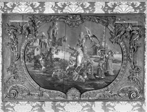 Çin temalı kapı üstü paneli, c.1730 (polikrom ve yaldızlı ahşap) by French School