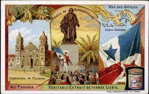 Panama: Katedral, Kolomb heykeli, bayrak - kromo. by French School