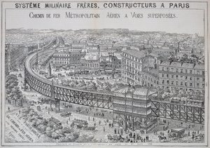 Paris'teki Yerüstü Metrosunun Panoramik Görünümü, Le Metropolitain'den bir çizim, Mayıs 1885 by French School