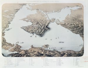 Kırım Savaşı sırasında Sivastopol ve Karadeniz kıyısının panoramik görünümü ve planı, 1855 by French School