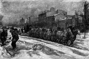 Paris kar altında, 1879-1880 kışı: Boulevard Montparnasse'de buz küreme (kar avı). Gravür “” Le Monde Illustré” n°1188, 3 Ocak by French School
