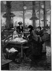 19. yüzyılda Paris sahnesi: Halles merkezinde bir balık tüccarı ve bir müşteri. Gilbert