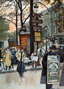 Palais-Royal Metro istasyonunun yakınında Paris sokak sahnesi, c.1900 (renkli taş) by French School