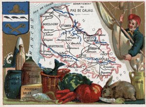 Pas de Calais (62), Nord Pas de Calais (Nord-Pas-De-Calais), Fransa. Yerel spesiyaliteler: siyah sabun, pis balık, elma şarabı ve tütün. Fransız Departmanları Üzerine Diziler. Kromolitografi (Chromo) 1920 dolaylarında “coğrafi konu””. Özel koleksiyon. by French School