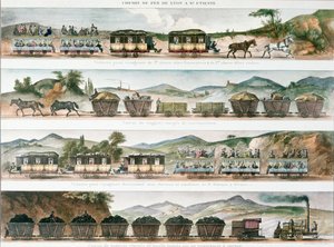 Lyon ve St. Etienne arasında açılan ilk Fransız hattında yolcu ve yük, 1829 (renkli taş) by French School