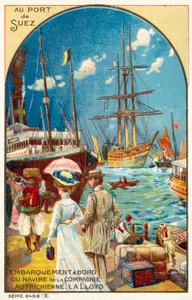 Mısır'ın Süveyş limanında Avusturya Lloyd hattına ait bir gemiye binen yolcular (chromolitho) by French School