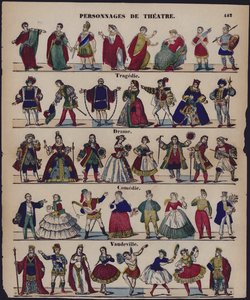 Personnages de tiyatro (renkli gravür) by French School