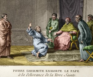 Hermit Peter, Papa II. Urban'ı 1093'te Kutsal Toprakların kurtuluşu için teşvik ediyor (Hermit Peter ilk Haçlı Seferini vaaz ediyor) - Fransa Tarihi Figürlerinden Gravür, sd. 18. yüzyılın sonlarında by French School