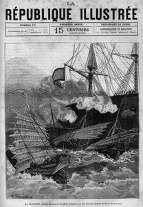 Korsanlık: Annamite savaş gemisi “La Magune” Çinli korsanlar tarafından saldırıya uğradı. Gazete. “La republique illustree” özel koleksiyonunda 1880 yılına ait gravür. by French School