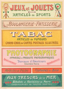 Plaka n° 20: Art Nouveau harf ressamı için tabela modelleri (Oyunlar ve oyuncaklar, Fırın-Patisserie, Tütün, Fotoğraf). by French School