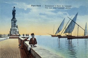 Port Said kartpostalı. Liman ve deniz manzaralı Fernand de Lesseps