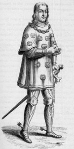 Louis de Malet'in portresi, Graville lordu (yaklaşık 1441-yaklaşık 1519), 1487'de Fransa amirali, savaş ve turnuva kostümü içinde. “Donanma ve Koloniler: Ticaret” Yazısında Gravür by French School