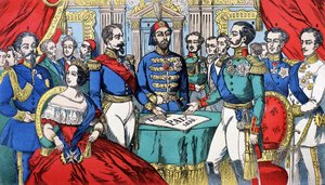 1856 Barış Antlaşması sırasında Avrupa egemenlerinin portresi: soldan sağa, Victor Emmanuel II (Victor Emmanuel) (Vittorio Emanuele), Sardunya Kralı, Victoria, İngiltere Kraliçesi, Napolyon III, Türk İmparatoru, Alexander II, Kral Rusya, F by French School