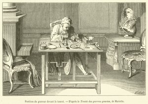 Oyma makinesinin makaranın önündeki konumu (gravür) by French School