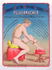 Elektro-Medikal vücut masajı ve stimülasyon makinesinin reklamını yapan poster Pulvermacher, 1884