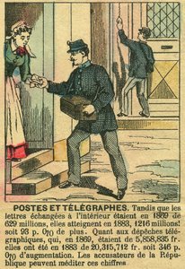 Cumhuriyet sayesinde telekomünikasyonun ve Postanenin iyi işleyişini gösteren posta ve telgraflar. Gravür, “” Le Figaro, ek””, 30/03/1889, Paris. Kol. Selva. by French School
