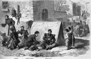 Risorgimento sırasında Fransız Imperiale Muhafızlarının 1. el bombası alayının “popote” (yemek) hazırlanması. Soldan sağa: "popotter", "bisküvi kırıcı" ve "kahve makinesi". Cavriana, İtalya by French School