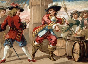 Er Jean Bart (1650-1702), kendisini esir alan İngiliz bir korsanı, bir barut fıçısını ateşe vererek gemisini havaya uçurmakla tehdit ederek tehdit etti. 19. yüzyılın sonlarında kromolitografi by French School