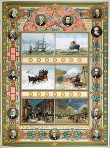 Kraliçe Victoria (1819-1901) döneminde ilerleme. Yelkenli gemiler, buharlı gemiler, buharlı tren ve gaz ve elektrikli sokak aydınlatması, 1887 by French School