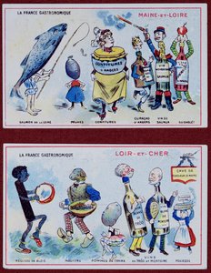 Maine-et-Loire ve Loir-et-Cher Bölgelerinin yemek spesiyalitelerini gösteren çocuklar için promosyon ve eğitim kartları, c.1910 by French School