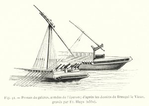 Kadırgaların pruvaları, mahmuzun orduları; Fr Huys tarafından oyulmuş Breugel le Vieux çizimlerinden sonra by French School
