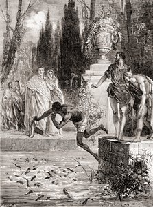 Publius Vedius Pollio, Romalı atlı, bir köleyi lambalı yılan balıklarına beslerken, Les Merveilles de la Science