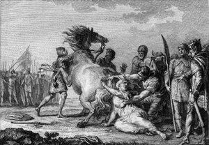 Brunehaut'un Cezası, 613: Austrasia kraliçesi Brunehaut veya Brunehilde (543-613), yere sürüklenmeden önce yılmaz bir atın kuyruğuna takılır. 18. yüzyılın gravürü. by French School