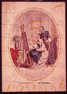 Bir şövale başında resim yapan bir kadını betimleyen yapboz parçaları, c.1840-50 (renkli taş) by French School