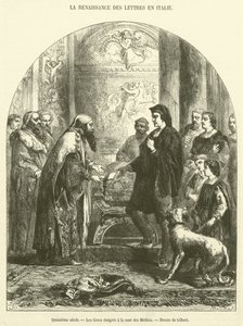 On beşinci yüzyıl, Yunanlılar Medici sarayına göç etti (gravür) by French School