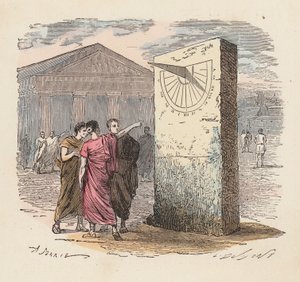 Antik çağda güneş saati kullanarak okuma saati (renkli gravür) by French School