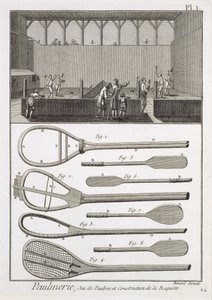 Gerçek tenis ve raket yapımı, Ansiklopediden Denis Diderot (1713-84), Robert Benard (d.1734) tarafından oyulmuş, c.1770 yayınlanmıştır by French School