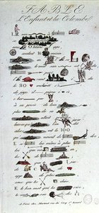 Çocuk ve Güvercin Masalını betimleyen Rebus, 19. yüzyılın başlarında (renkli gravür) by French School