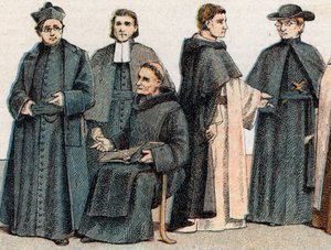 Dini kostümler: bir Cizvit, bir baba Mariste (Marcellin Champagnat), bir Benedictine keşişi, bir Dominik rahibi ve bir Oblate'nin gad portresinden - Gravür - Dini kostümler: soldan sağa, bir Cizvit portresi, bir Marist Brother, bir Benedictine pazartes by French School