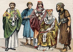 Antik Dönemde Dini Kostümler: Bir Bizans diyakonunun gad portresinden, birinci yüzyıldan bir Hıristiyan rahibinden, 5. yüzyıldan bir eveque, bir Bizans patriğinden ve bir anachorete - Gravür - Antik çağlarda dini kostümler: soldan sağa by French School