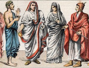 Antik Çağda dini kostümler: bir Yunan rahibin gad portresinden, kurban bakanı, antik Roma'da bir Büyük Papa (Pontifex maximus), bir rahibe, eski Roma'nın bir pretress ve bir flamingo (flamen) Roma rahibinin ibadetine adanmış Tanrı by French School