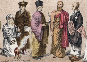Asya'nın dini kostümleri: bir rahip Parsi'nin gad portresinden (parsizmin takipçisi), Lama (Tibet ruhani ustası), Çinli Budist rahip, Seylan bonze ve Japon Budist rahip - Gravür - Asya'daki dini kostümler: soldan teçhizata by French School
