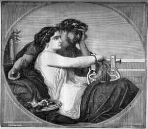 Lesbie (Lesbia) ve Catulle (MÖ 87 - 54) temsili Latin şair: Şair, aşık olduğu genç fahişeye birçok şiir adadı. “Antik çağlardan günümüze tüm dünya halkları arasında fuhuş ve sefahat tarihi” üzerine gravür by French School