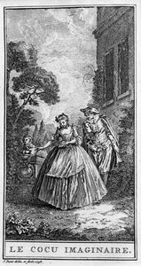 Jean Baptiste Poquelin dit Moliere (1622-1673) tarafından "" Sganarelle ou le cuckold imaginaire" (1660) adlı parçadan bir sahnenin temsili. 1738