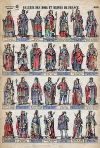 Capetian hanedanından Fransa krallarının ve kraliçelerinin temsili (Louis VII'den Charles VIII'e). 19. yüzyılın sonlarında illüstrasyon. by French School