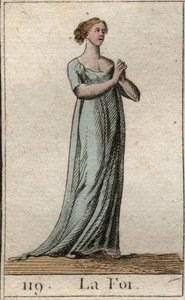İnancın temsili, beyaz giyinmiş, elleri birleşmiş bir kadın. (Beyaz elbise giymiş, elleri birleşmiş genç bir kadın olarak İnanç). Pierre Blanchard 1803