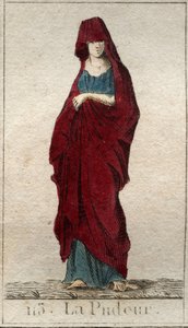Alçakgönüllülük tanrısının temsili, yüzü peçeyle kaplı genç bir kadın. (Prudishness Temsili, peçeli bir kadın olarak). Pierre Blanchard 1803