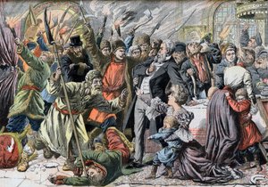 1905 Devrimi - Bir kır evini işgal eden isyancı Rus köylüleri. Rus eyaletlerinde Jacquerie. Rus köylüleri tarafından bir kalenin işgali isyanları. Le petit Journal için illüstrasyon, 2 Nisan 1905. by French School