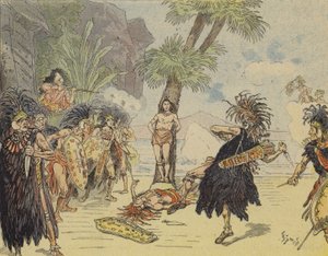 Robinson Crusoe yamyam şefini öldürüyor ve Cuma gününün hayatını kurtarıyor (renkli litho) by French School