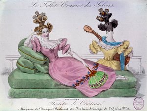 Romantik moda: Chateau tuvalet. Kanepede abartılı saç modelleri olan iki kadın. 19. yüzyılın gravürü. Paris, Musee Carnavalet by French School