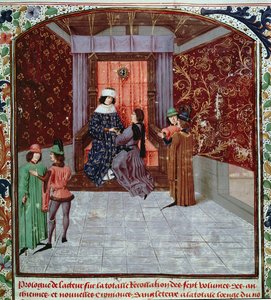 Roy 15 E IV f.14 Edward IV, kitabı yazardan alırken, Anciennes Chroniques d