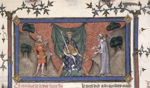 Roy 19 C IV f.154 Fransa Kralı V. Charles (1337-80), bir şövalye ile bir katip arasında taç, kılıç ve asa ile tahta çıktı by French School