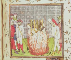 Roy 20 C VII f.44v Tapınakçıların Yakılması, 1308 civarı (vellum) by French School