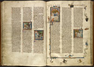 Royal 14 E. III, ff.88v-89 Lancelot, başı kesilmiş dedesi kralın kafasını kaynayan bir kuyudan çıkarırken; iki şövalyenin üzerine çöken bir bina. Sağda, 'Estoire del Saint Graal'dan bir ziyafette oturan Arthur ve Guinevere'nin minyatürü, by French School