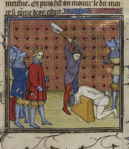 Royal 20 C. VII f.134v Fransız soylularına karşı Jacquerie ayaklanmasının liderleri, Navarre Kralı'nın emriyle, 'Chroniques de France ou de St Denis'ten (parşömen üzerine mürekkep, renk ve altın) başlarını kestiler. by French School